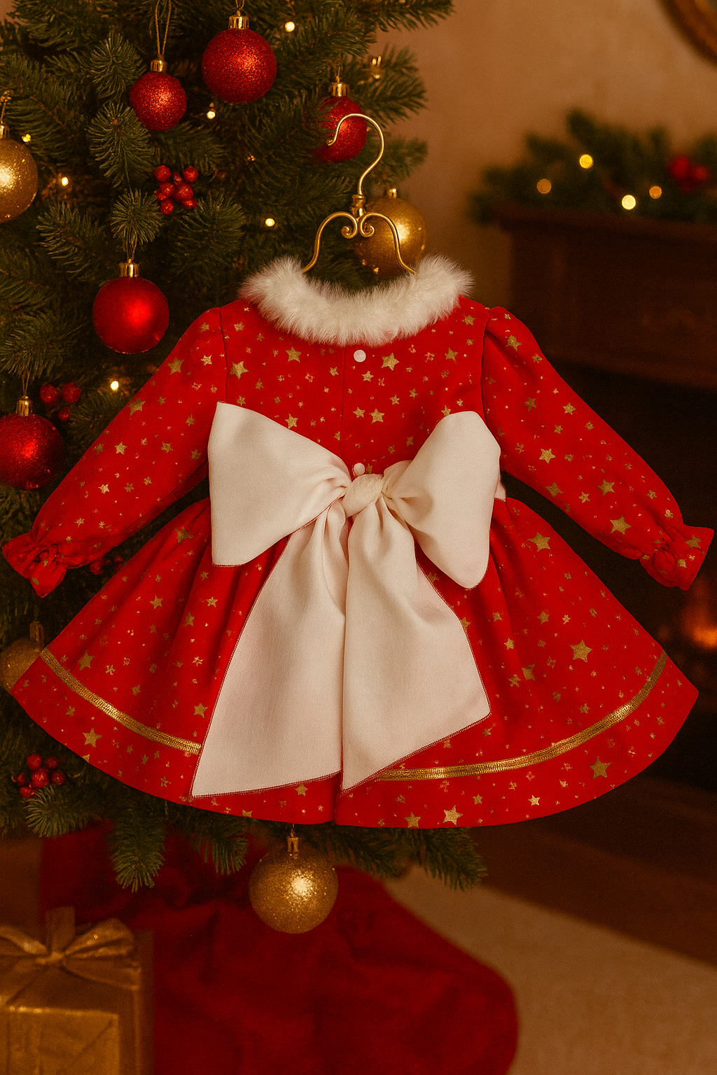 Sonata Red Stars Handmade Ruffle Puffball Dress AW25 (Made To Order)