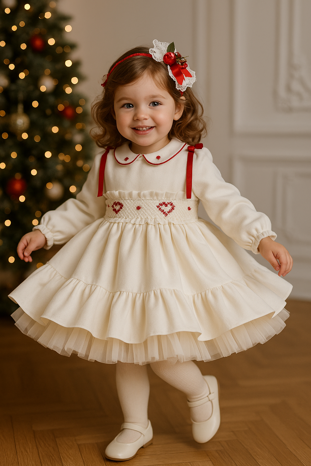 Sonata White Velvet Heart Handsmocked Puffball Dress AW25 (Made To Order)