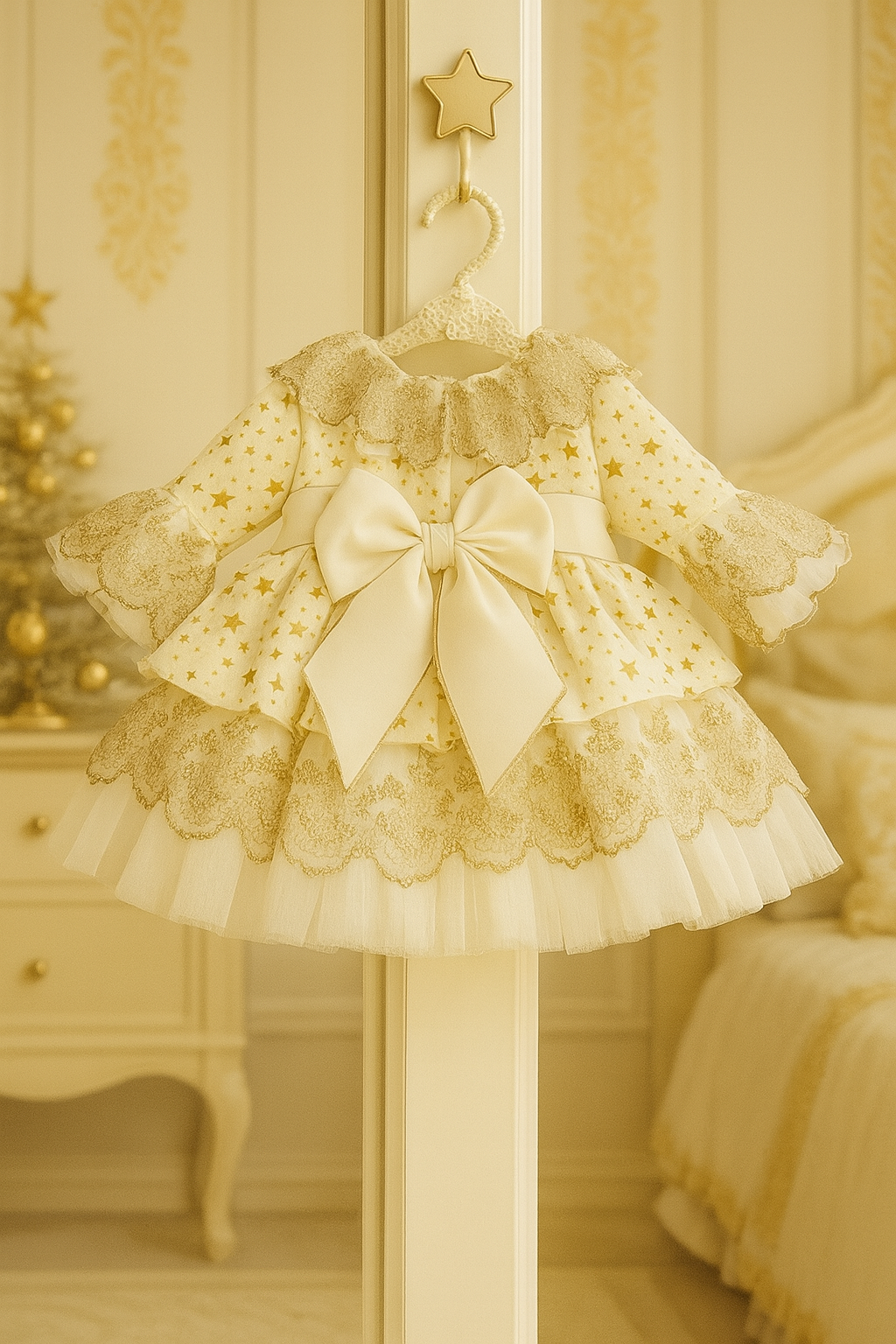 Sonata Golden Stars Handmade Ruffle Puffball Dress AW25 (Made To Order)