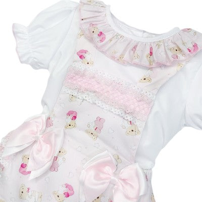 Baby Girl Pink Teddy Bear Frilly Romper & Blouse Set