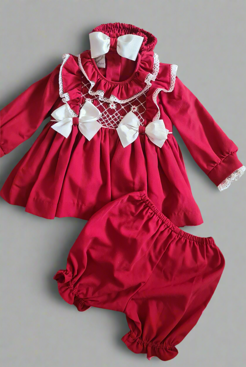 Girls Red Smocked Dress Set