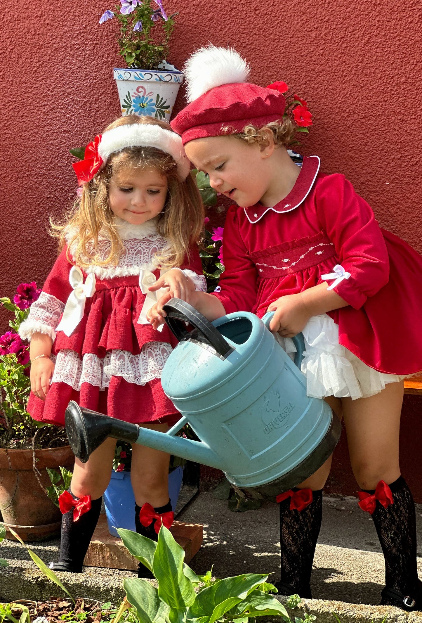 Girls Red Velvet Smocked Dress AW (Made to order)