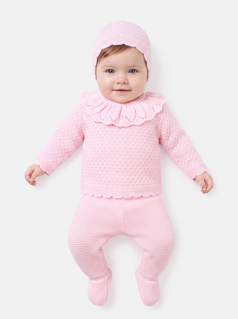 Baby Girls Ruffle Collar Pink 3 piece Knitted Set