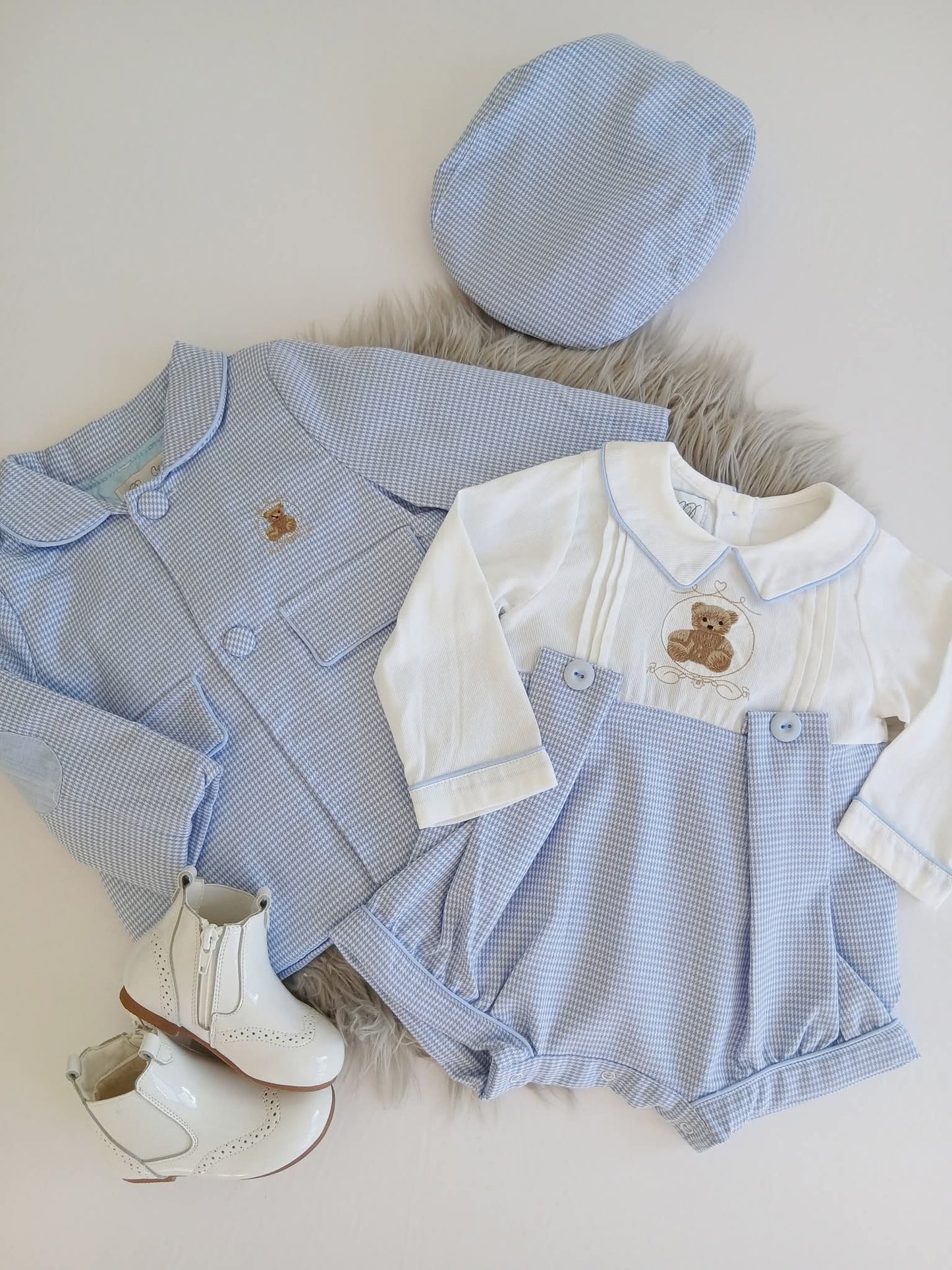 Boys Blue Checked Romper, Jacket & Hat Set