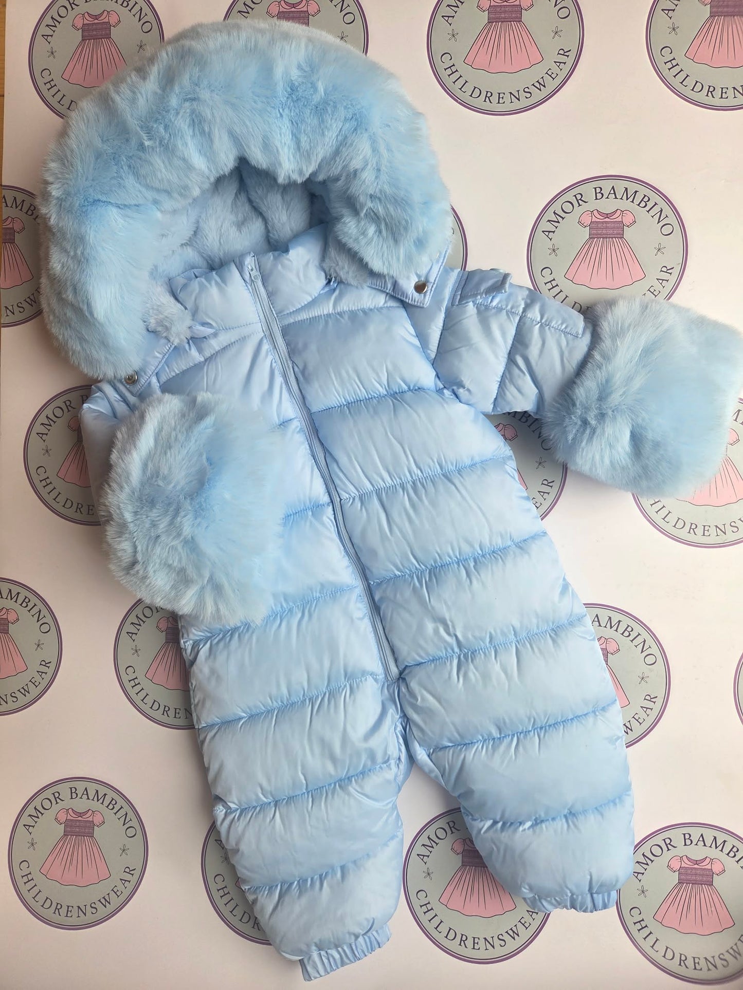 Unisex Baby Blue Faux Fur Hooded Pramsuit