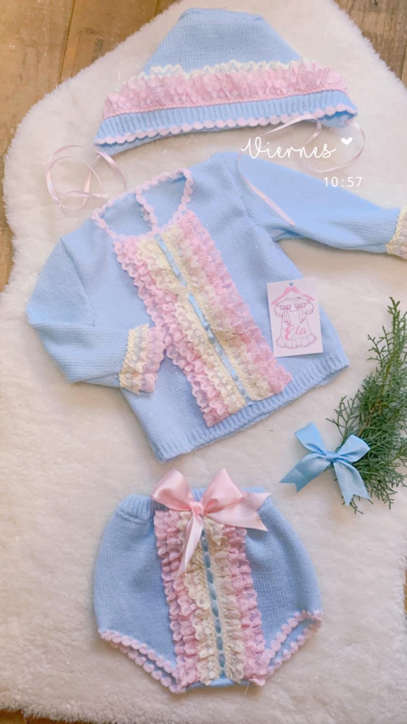 Ela Hand Knitted Blue, Pink & Cream Jam Pant Set- (Made To Order)