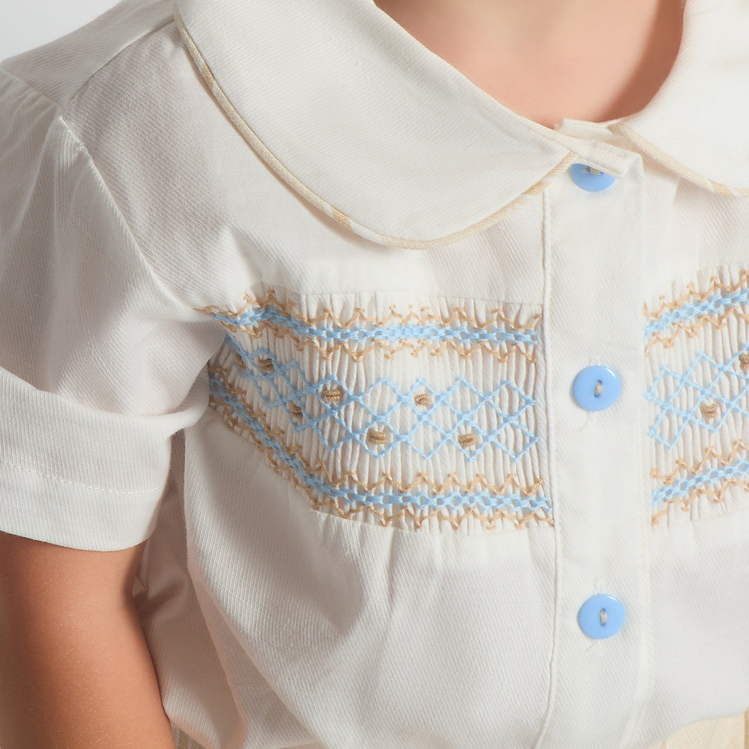 Boys Beige Smocked Shirt & Shorts Set