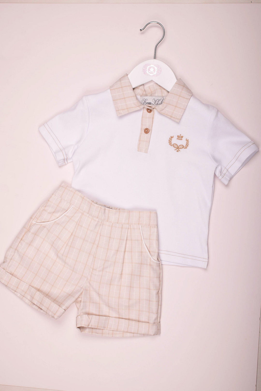 Boys Checked Beige Top & Shorts Set