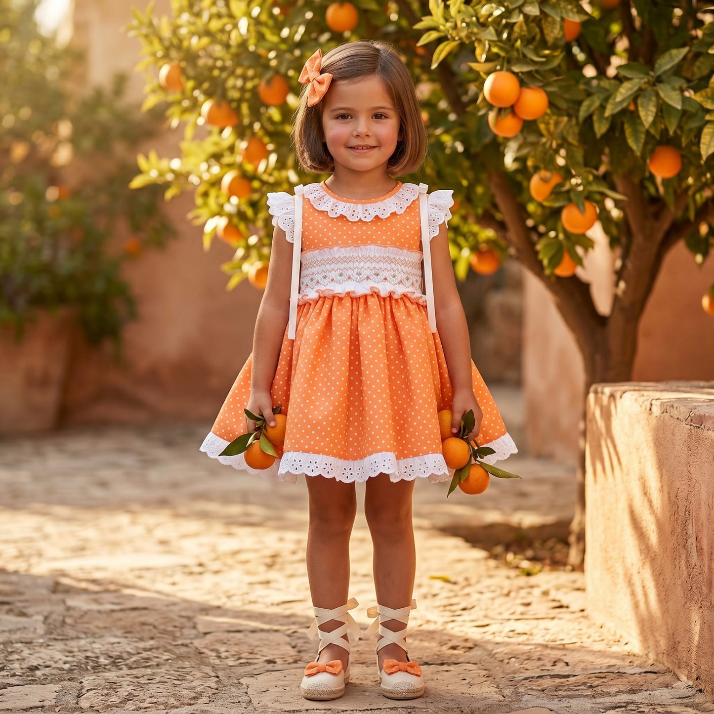 Sonata Girls Orange Smocked Polka Dot Dress & Hairbow SS26 - (Made To Order)