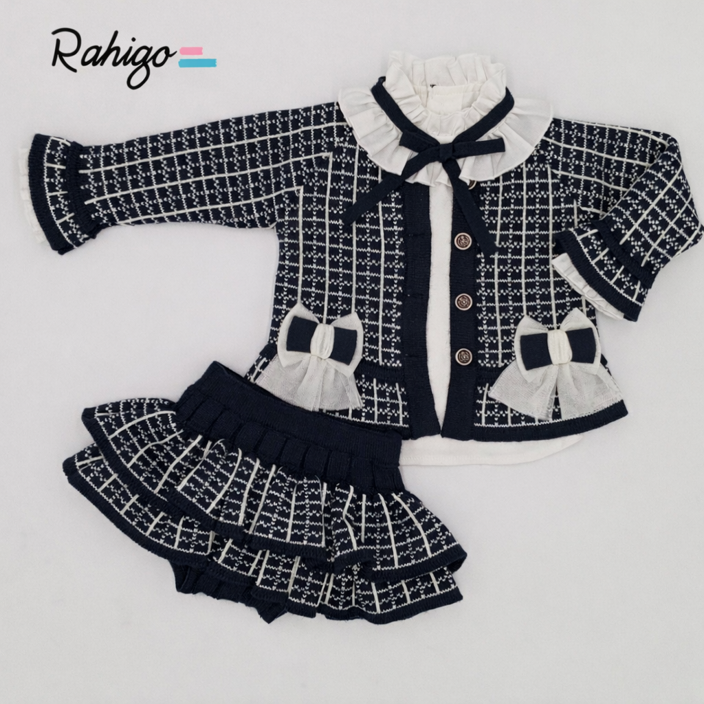 Rahigo Girls Navy & Cream Cardigan, Blouse & Skirt Set - AW26 (Preorder)