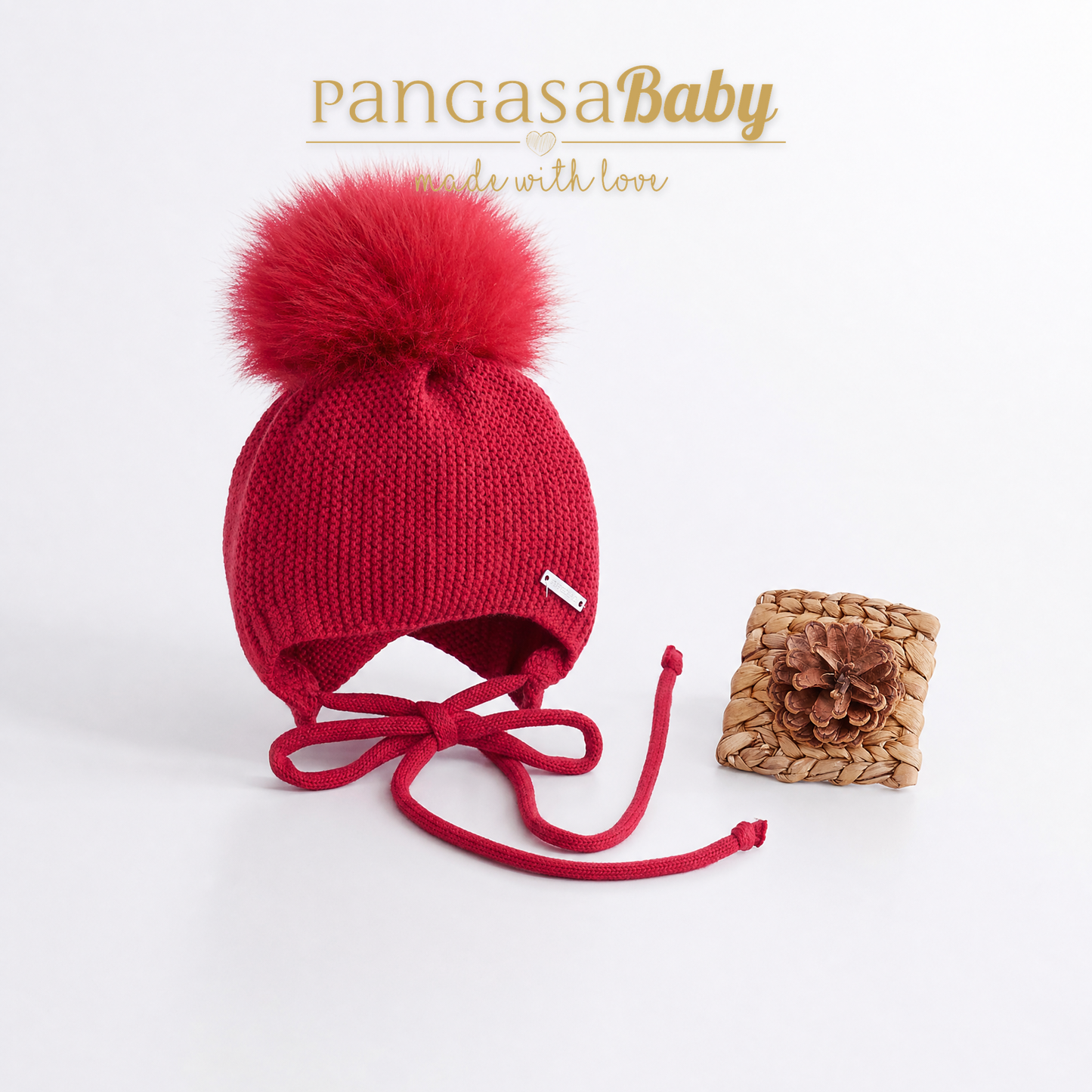 Pangasa Baby Chocolate Brown Natural Fur Pom String Tie Hat - Preorder