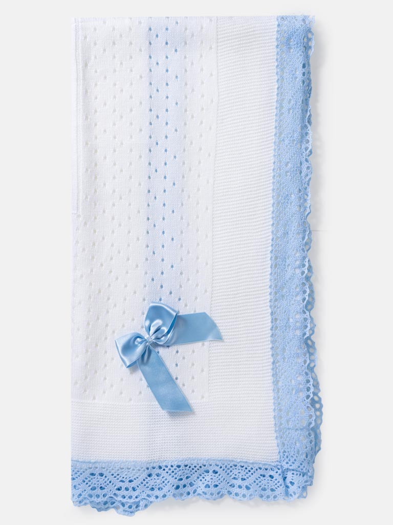 Boys Baby Blue & White Open Dot Knitted Spanish Blanket with Bow