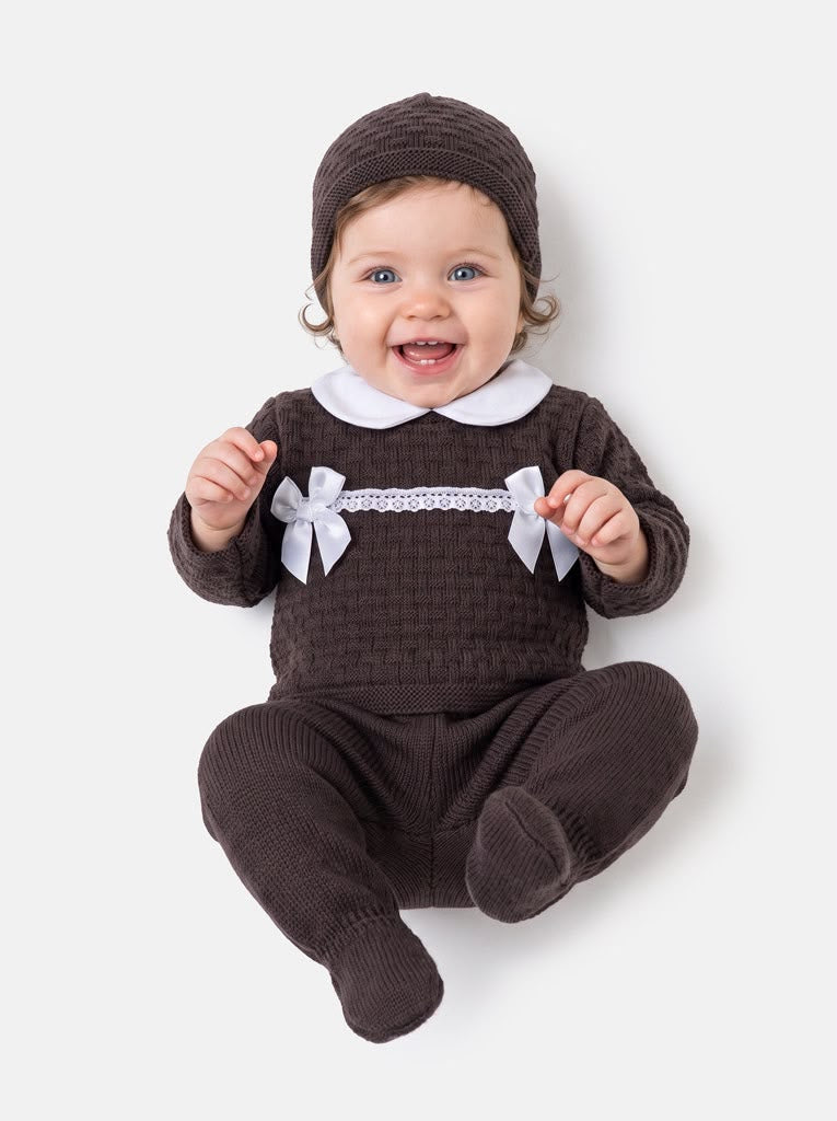 Baby Girls Bow & Lace Chocolate Brown 3 piece Knitted Set