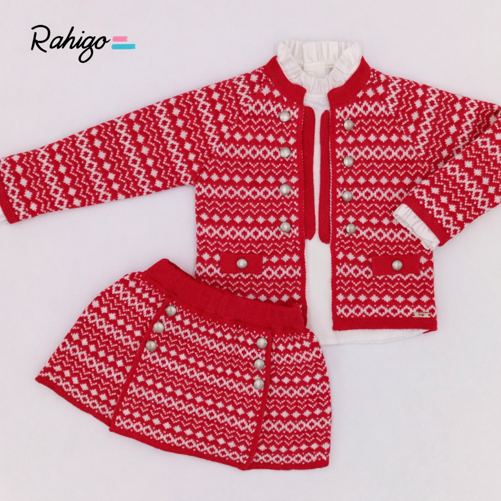 Rahigo Girls Red & Cream Cardigan, Blouse & Skirt Set - AW26 (Preorder)