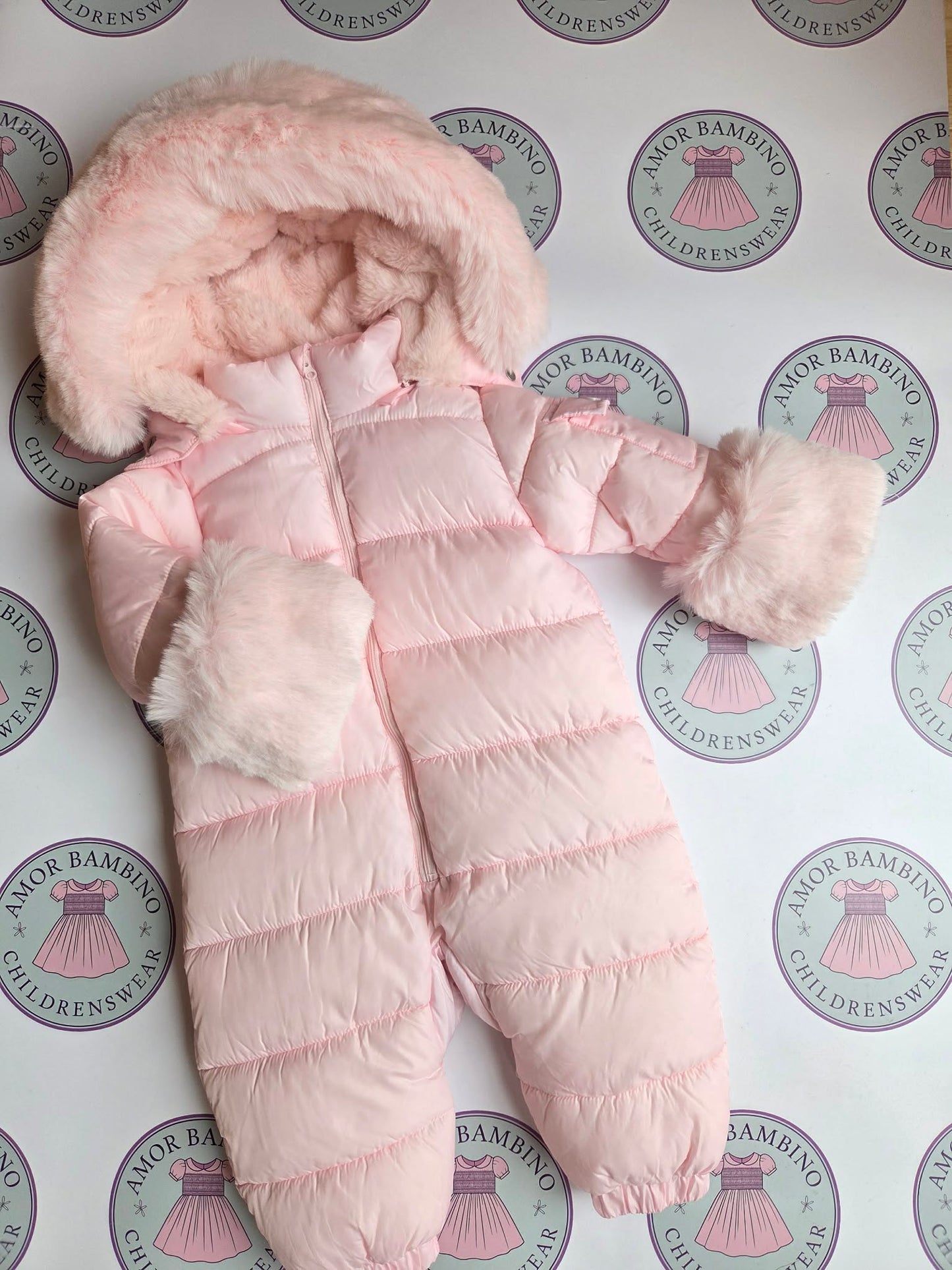 Girls Baby Pink Faux Fur Hooded Pramsuit