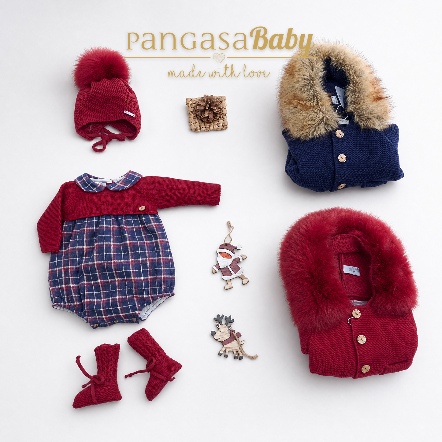 Pangasa Baby Checked Halfknit Garnet Red Romper ~ AW26 Preorder