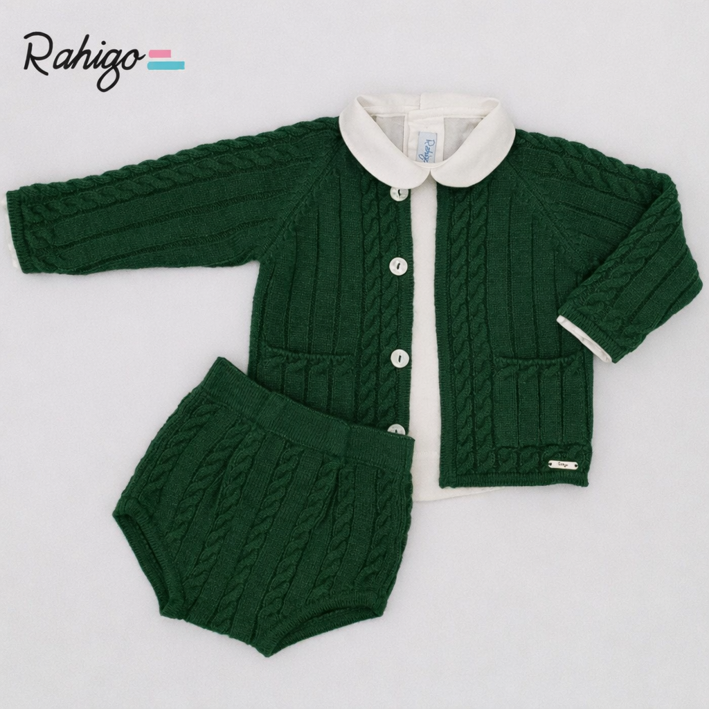 Rahigo Baby Boys Bottle Green Cardigan, Shirt, Jam Pants, Pom Hat & Socks Set - AW26 (Preorder)