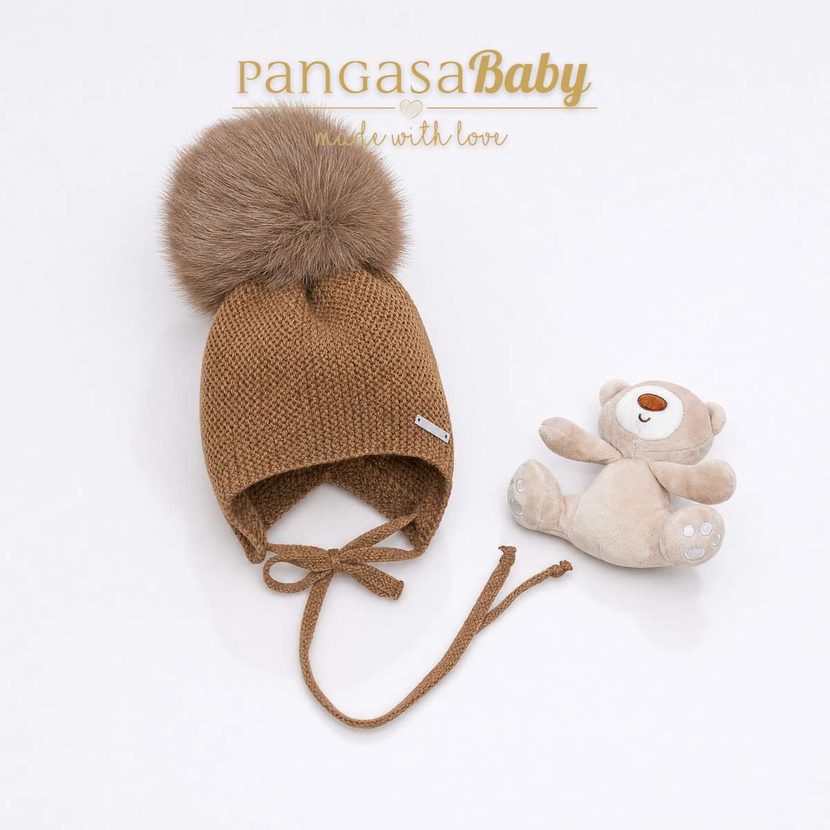 Pangasa Baby Ivory Natural Fur Pom String Tie Hat - Preorder
