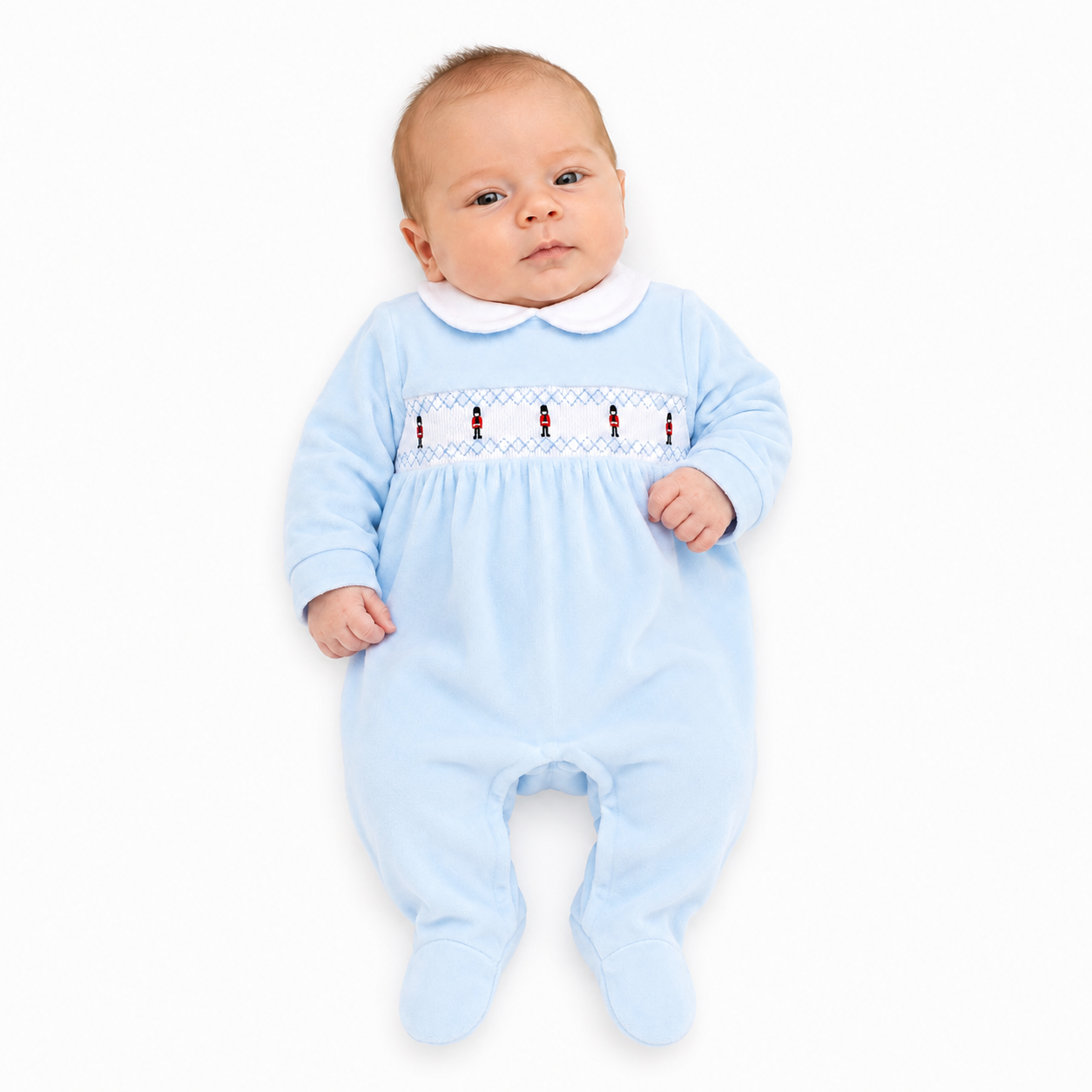 Baby Boys Blue Soldier Velour Babygrow