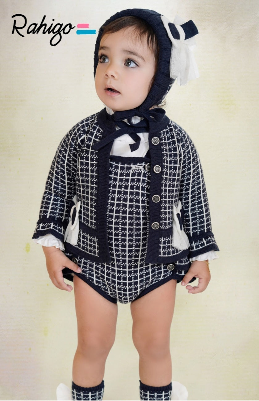 Rahigo Baby Girls Navy & Cream Cardigan, Blouse & Pinafore Set - AW26 (Preorder)