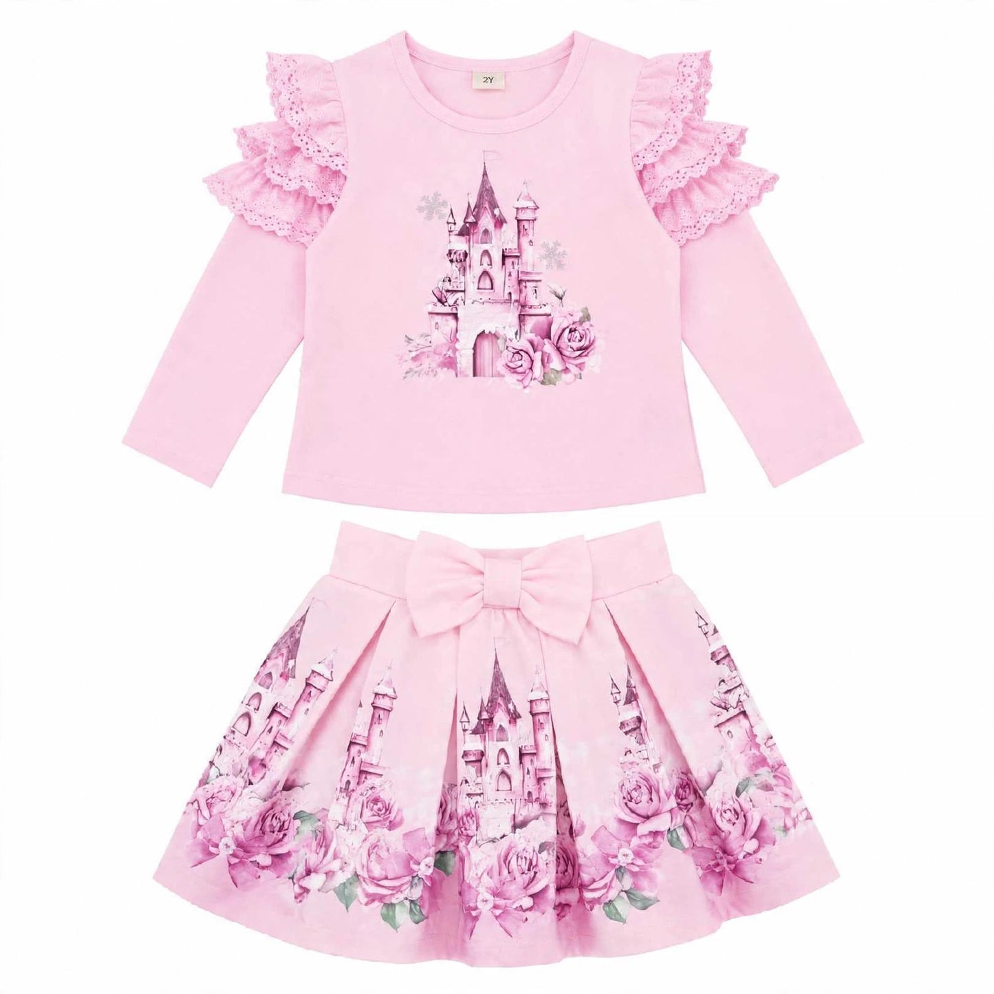 Girls Pink Castle Top & Skirt Set (Preorder)