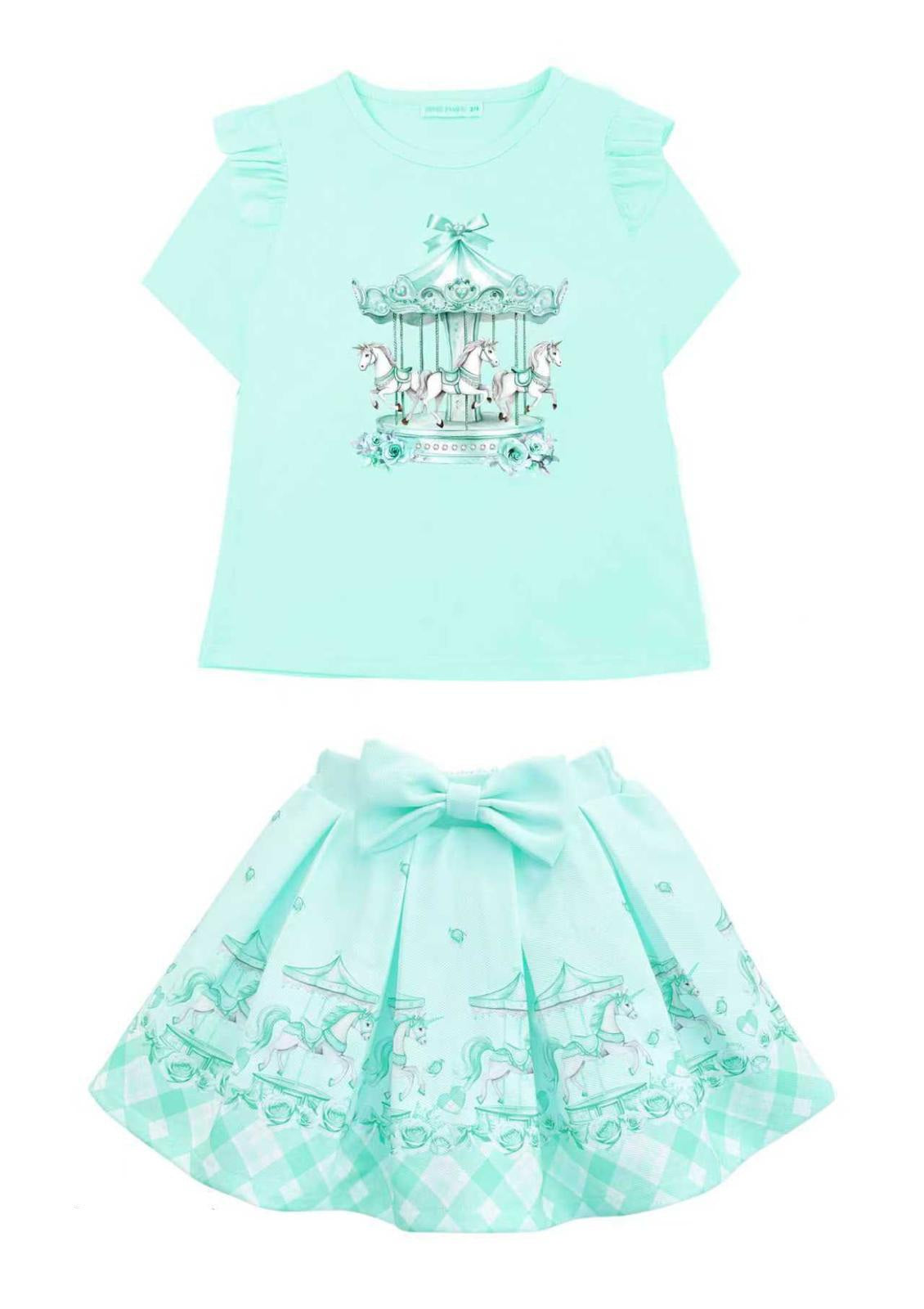 Mint Horse Carousel Top & Skirt Set