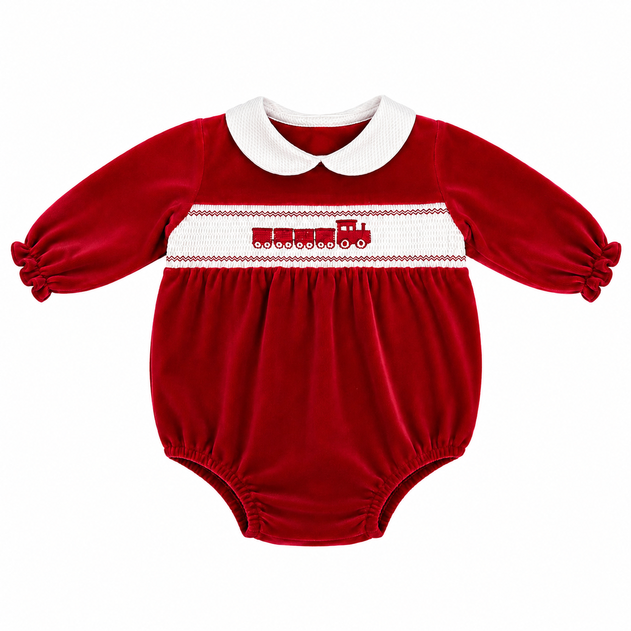 Baby Boys Red Train Velour Romper