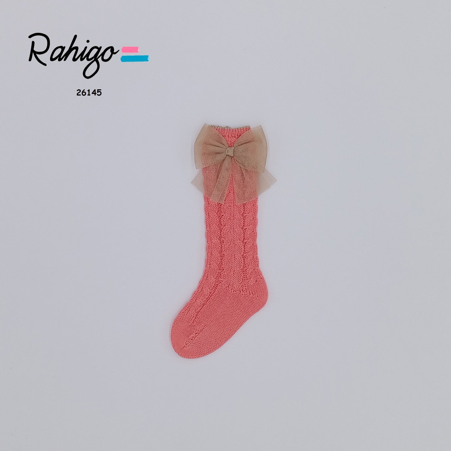 Rahigo Baby Girls Coral & Camel Tulle Bow Socks - SS26 In Stock
