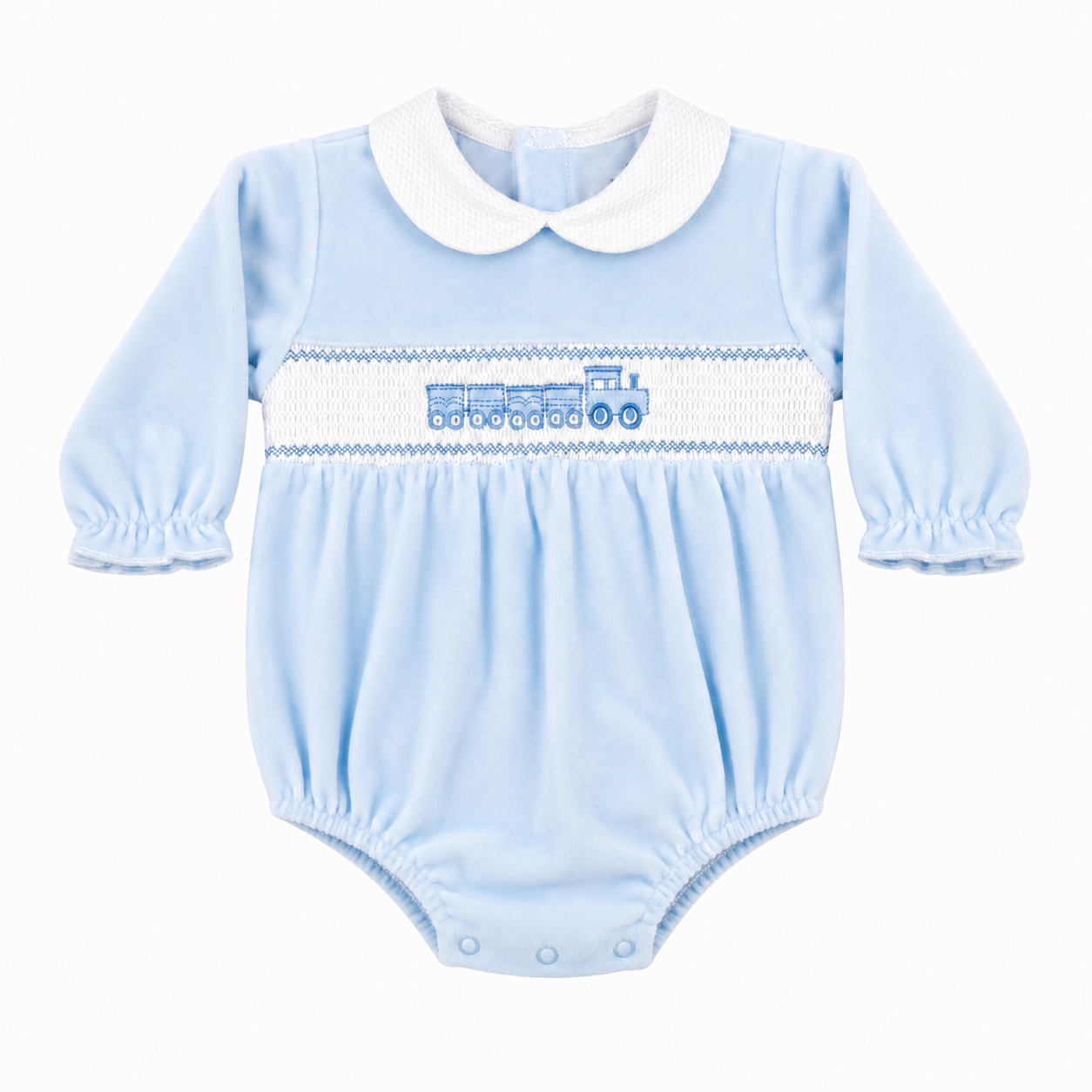 Baby Boys Blue Train Velour Romper