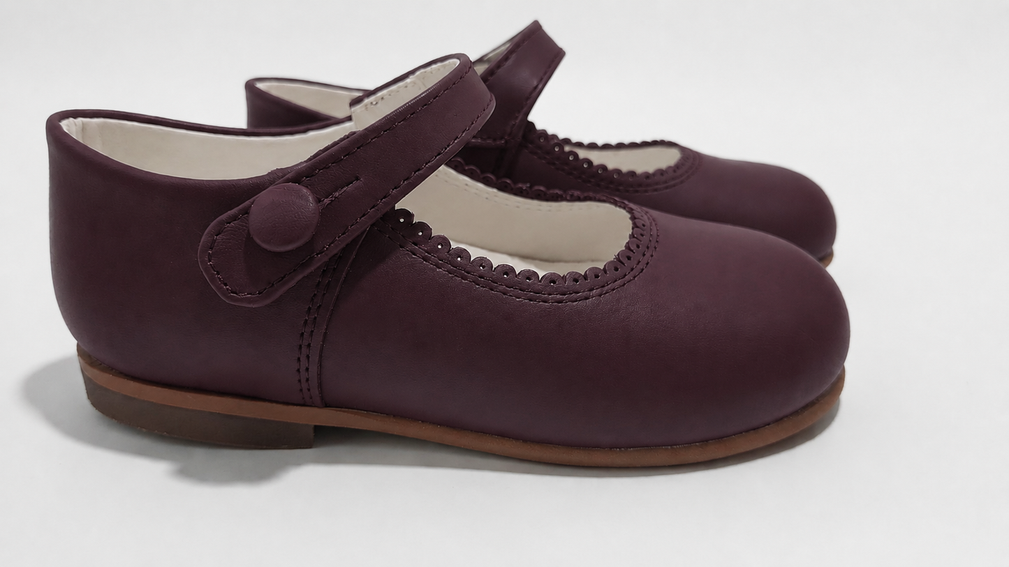 Girls Burgandy Matte Leather Button Mary Jane Shoes (Preorder)