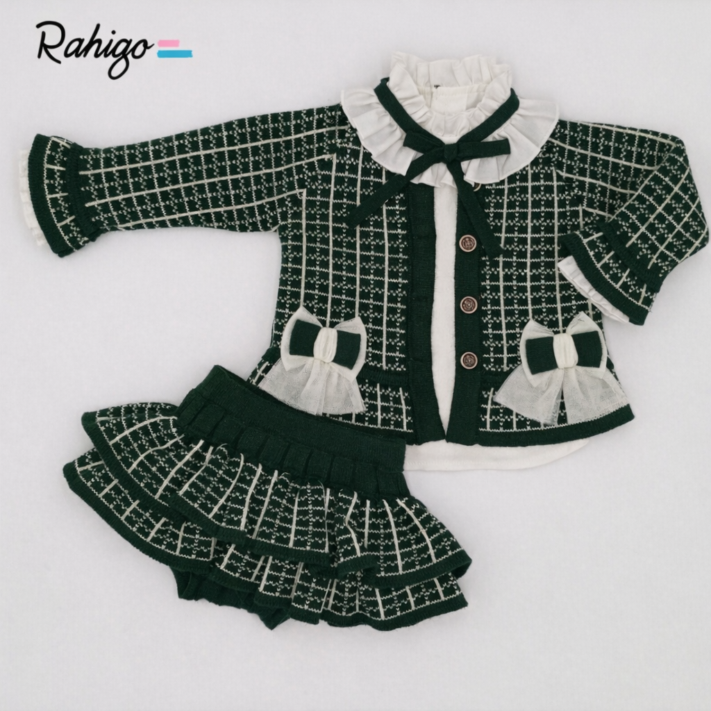 Rahigo Girls Bottle Green & Camel Cardigan, Blouse & Skirt Set - AW26 (Preorder)