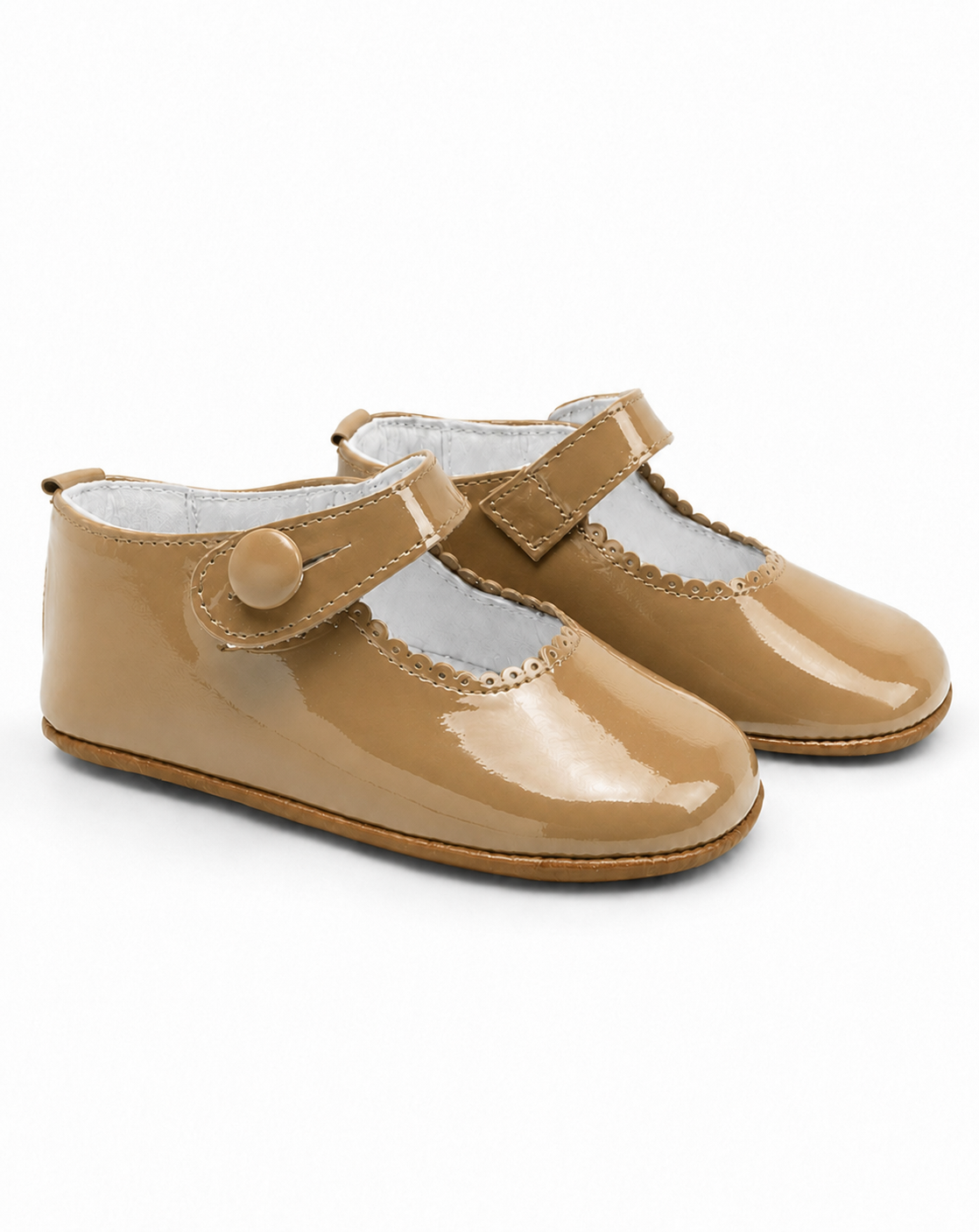 Camel Patent Leather Baby Girls Button Pram Shoes (Preorder)