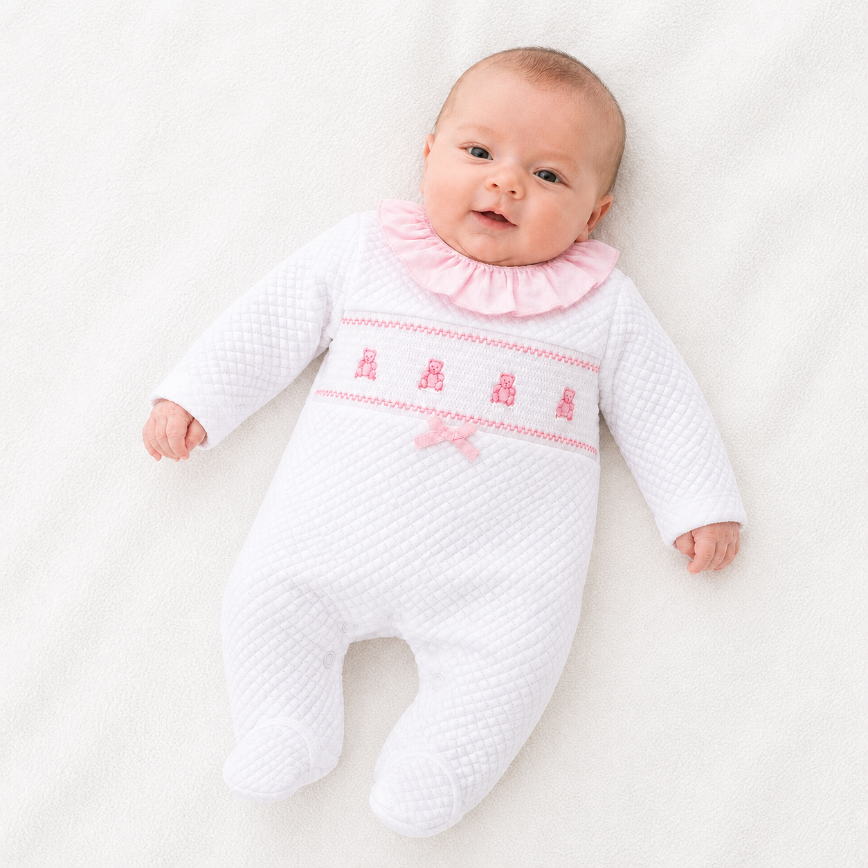 Baby Girls White & Pink Teddy Babygrow