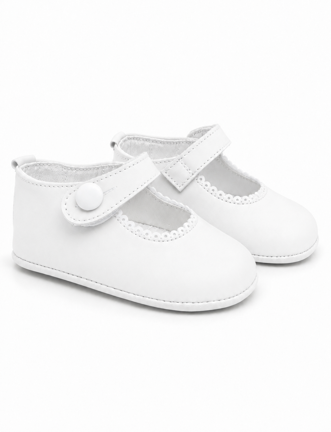 White Leather Baby Girls Button Pram Shoes - In Stock