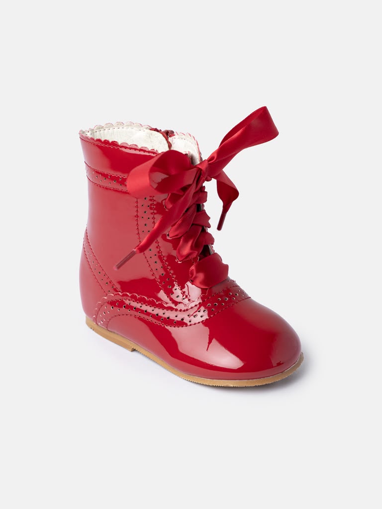 Red Girls Spanish Leather Scalloped Edge Boots