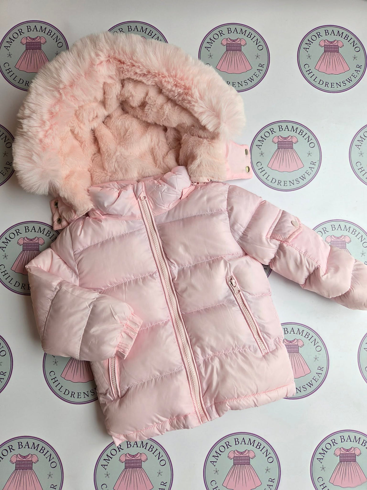 Girls Baby Pink Faux Fur Hooded Coat