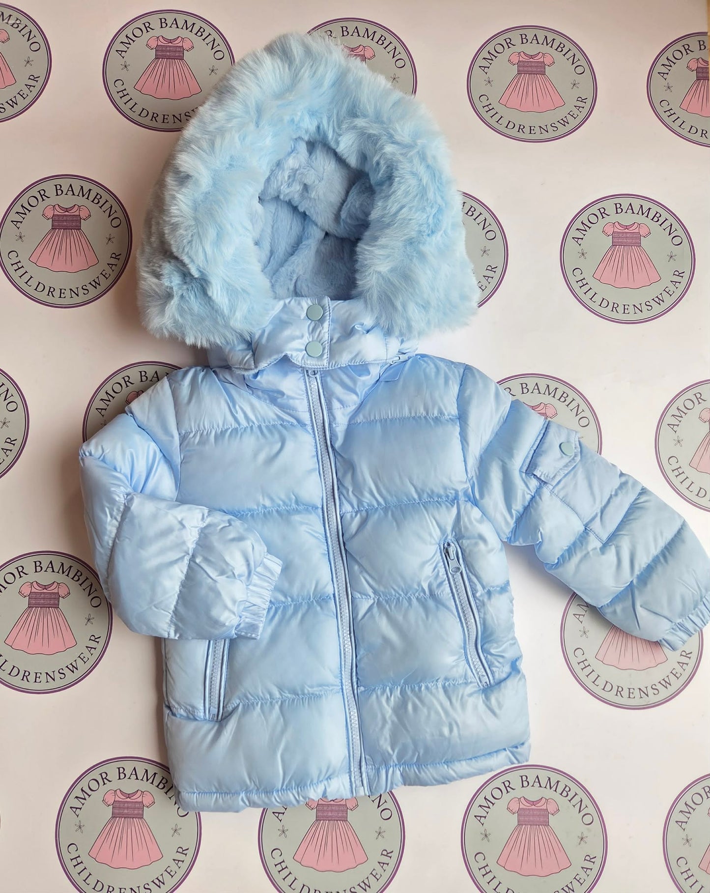 Boys Baby Blue Faux Fur Hooded Coat
