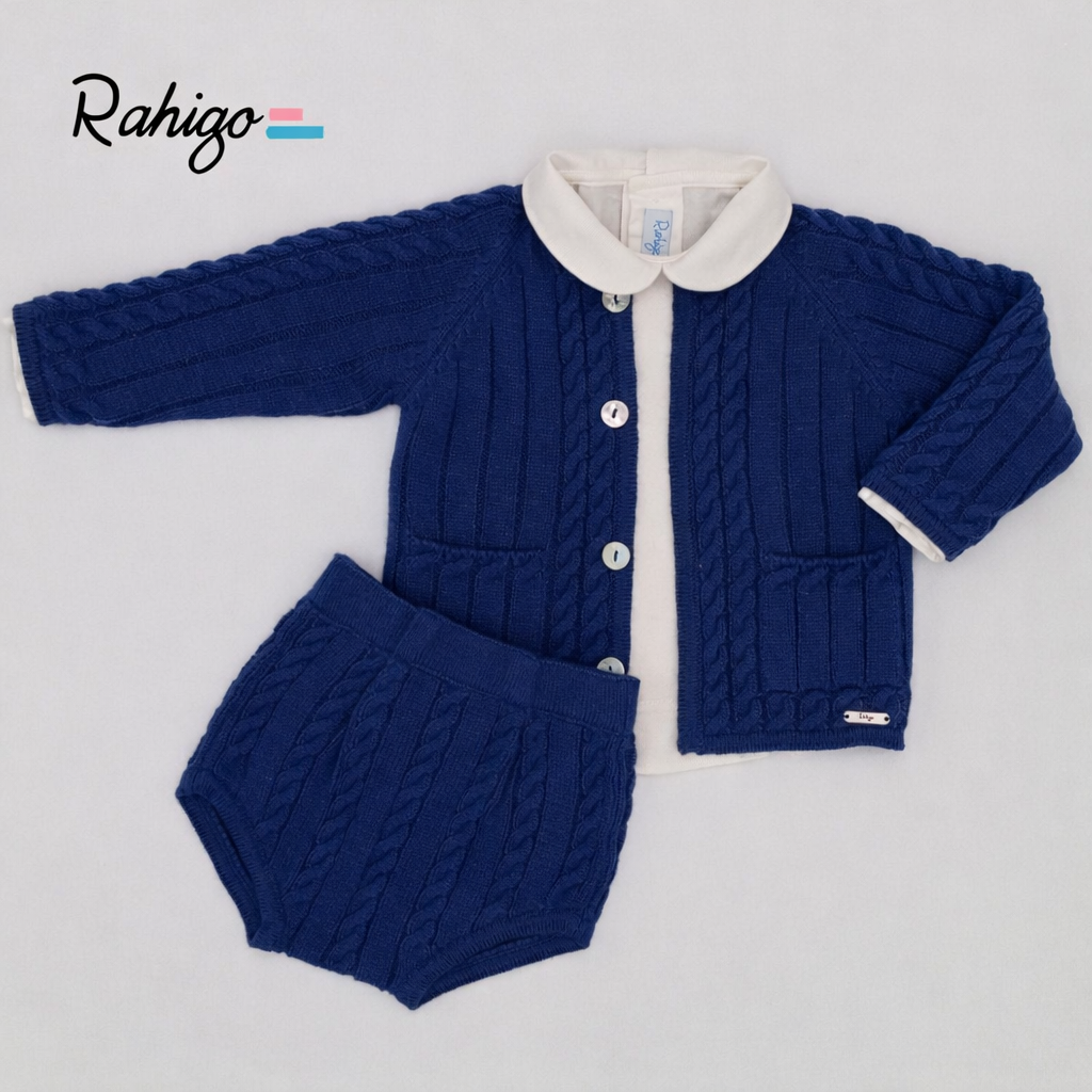 Rahigo Baby Boys Oxford Blue Cardigan, Shirt, Jam Pants, Pom Hat & Socks Set - AW26 (Preorder)