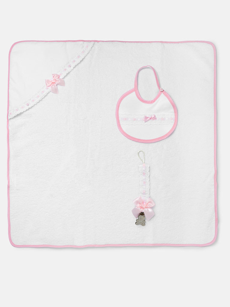Girls Baby Pink & White 3-piece Bath Set - Hooded Towel, Bib & Dummy Clip