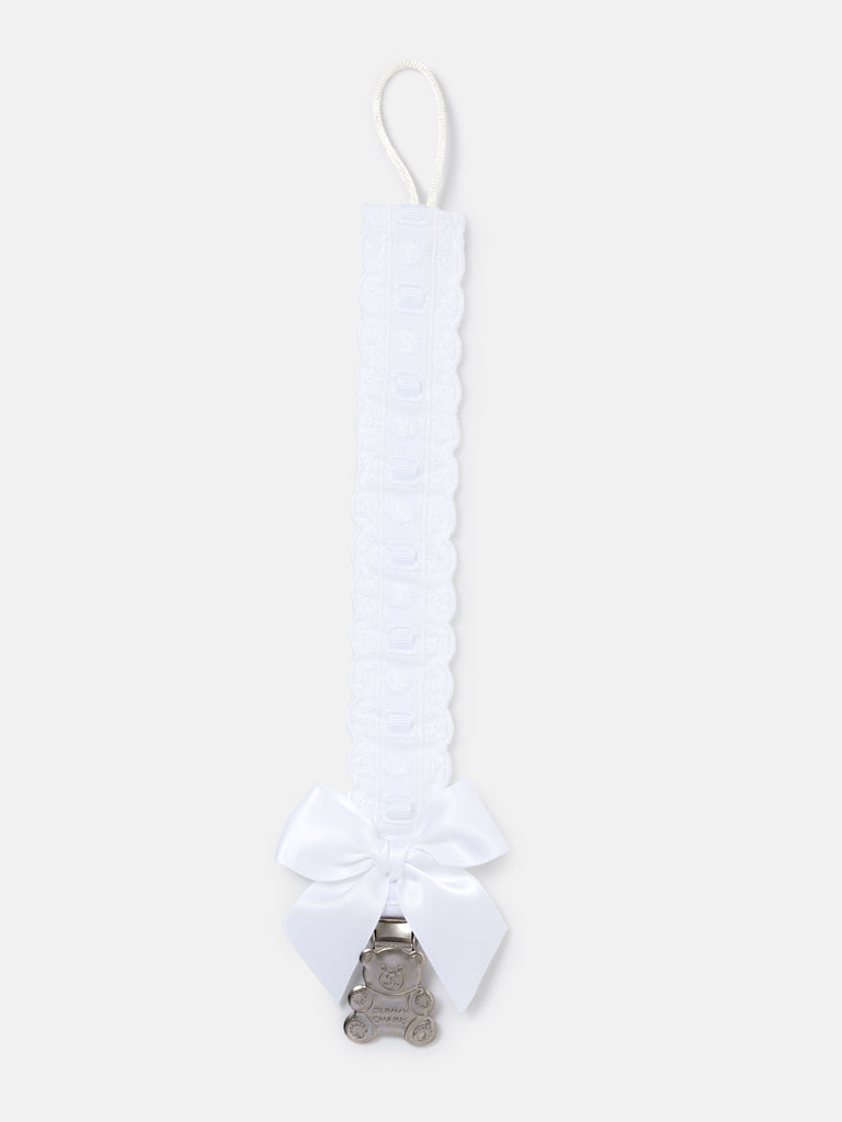 Unisex Baby White Teddybear & Bow Dummy Clip