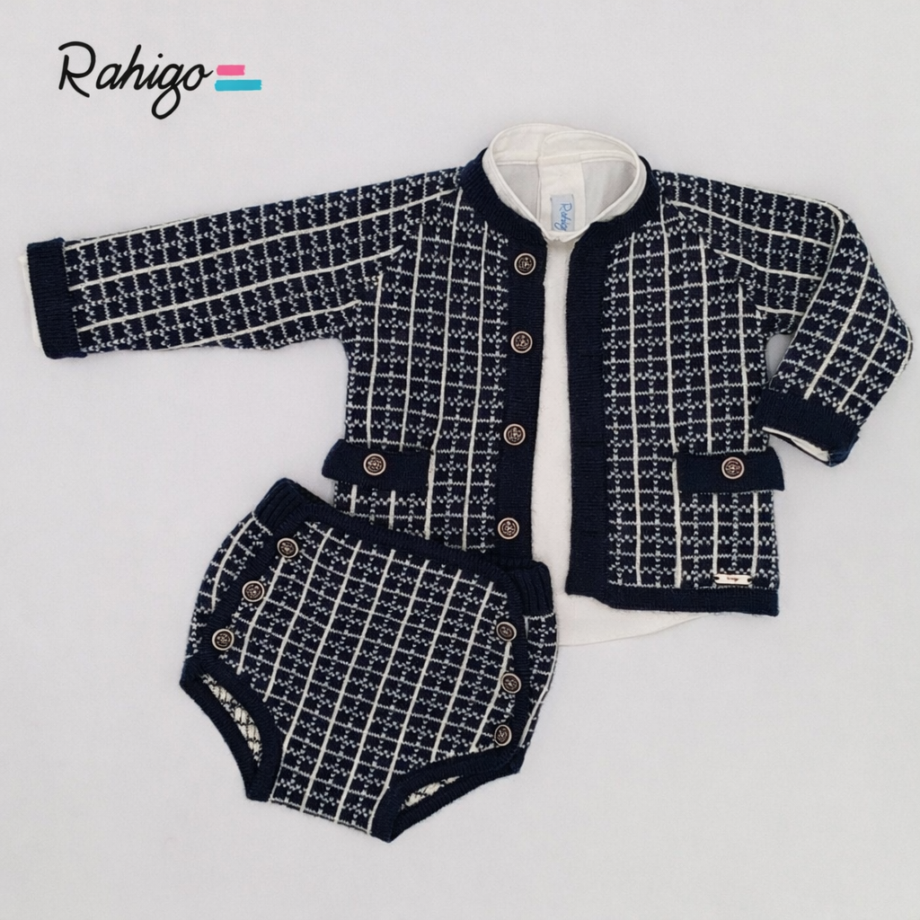 Rahigo Baby Boys Navy & Cream Cardigan, Shirt & Jam Pants Set - AW26 (Preorder)