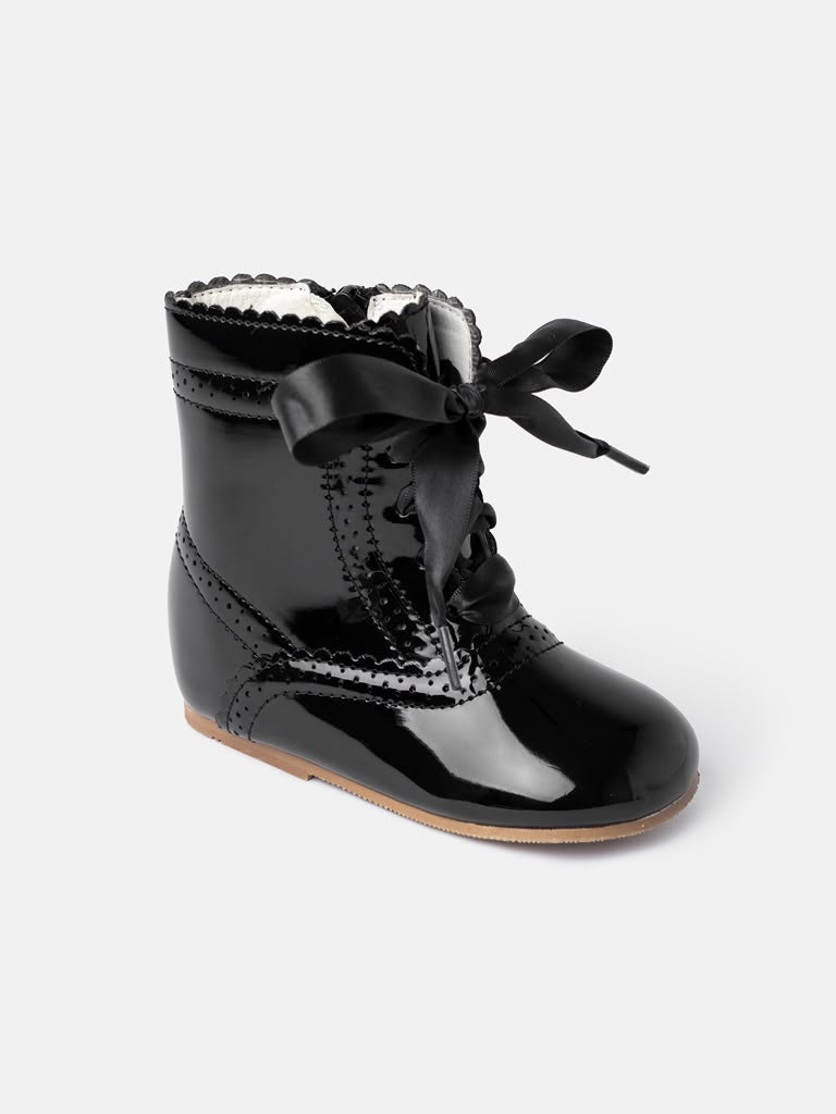 Girls Black Spanish Leather Scalloped Edge Boots