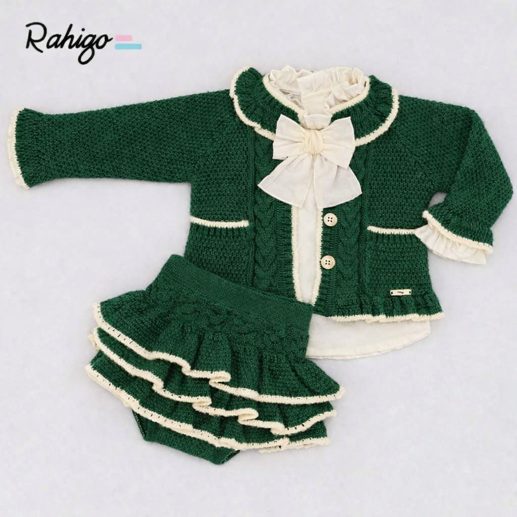 Rahigo Girls Bottle Green & Cream Cardigan, Blouse & Skirt Set - AW26 (Preorder)
