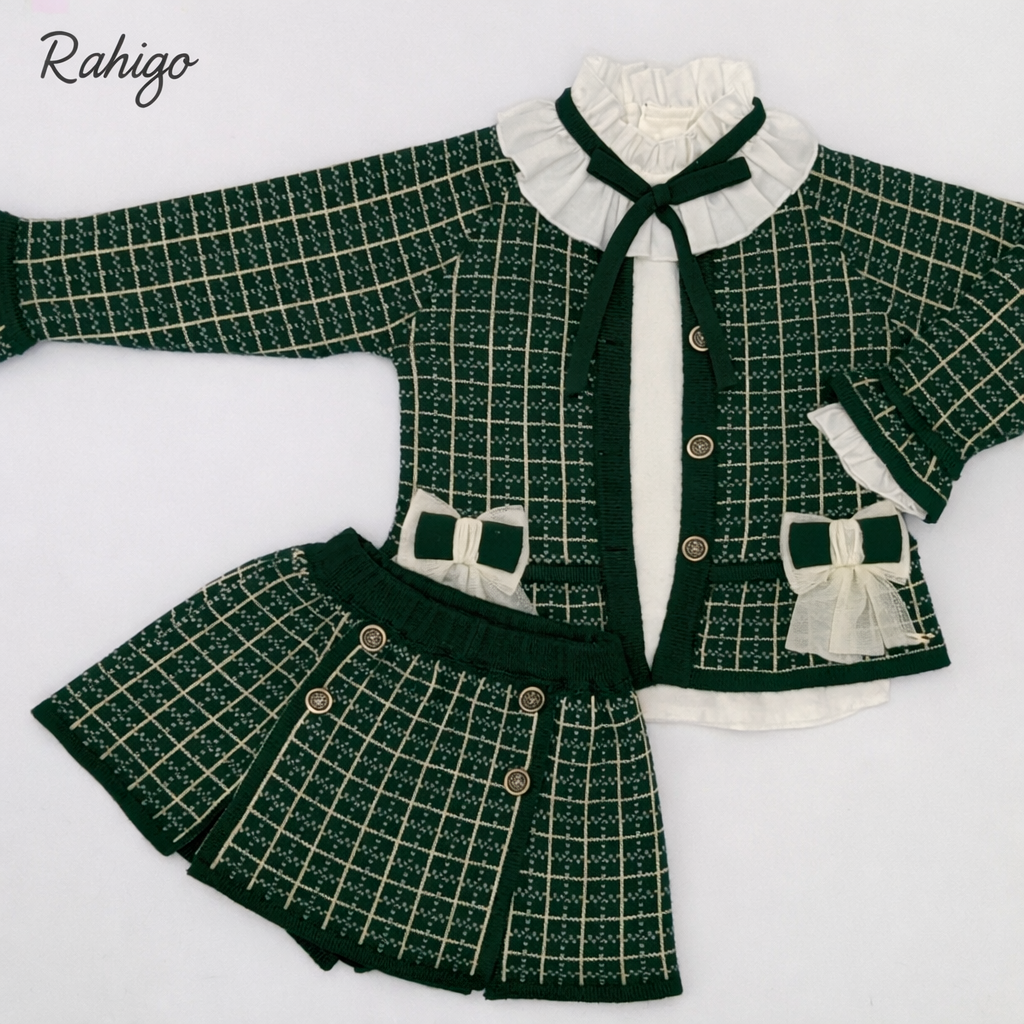 Rahigo Girls Bottle Green & Camel Cardigan, Blouse, Skirt & Socks Set - AW26 (Preorder)