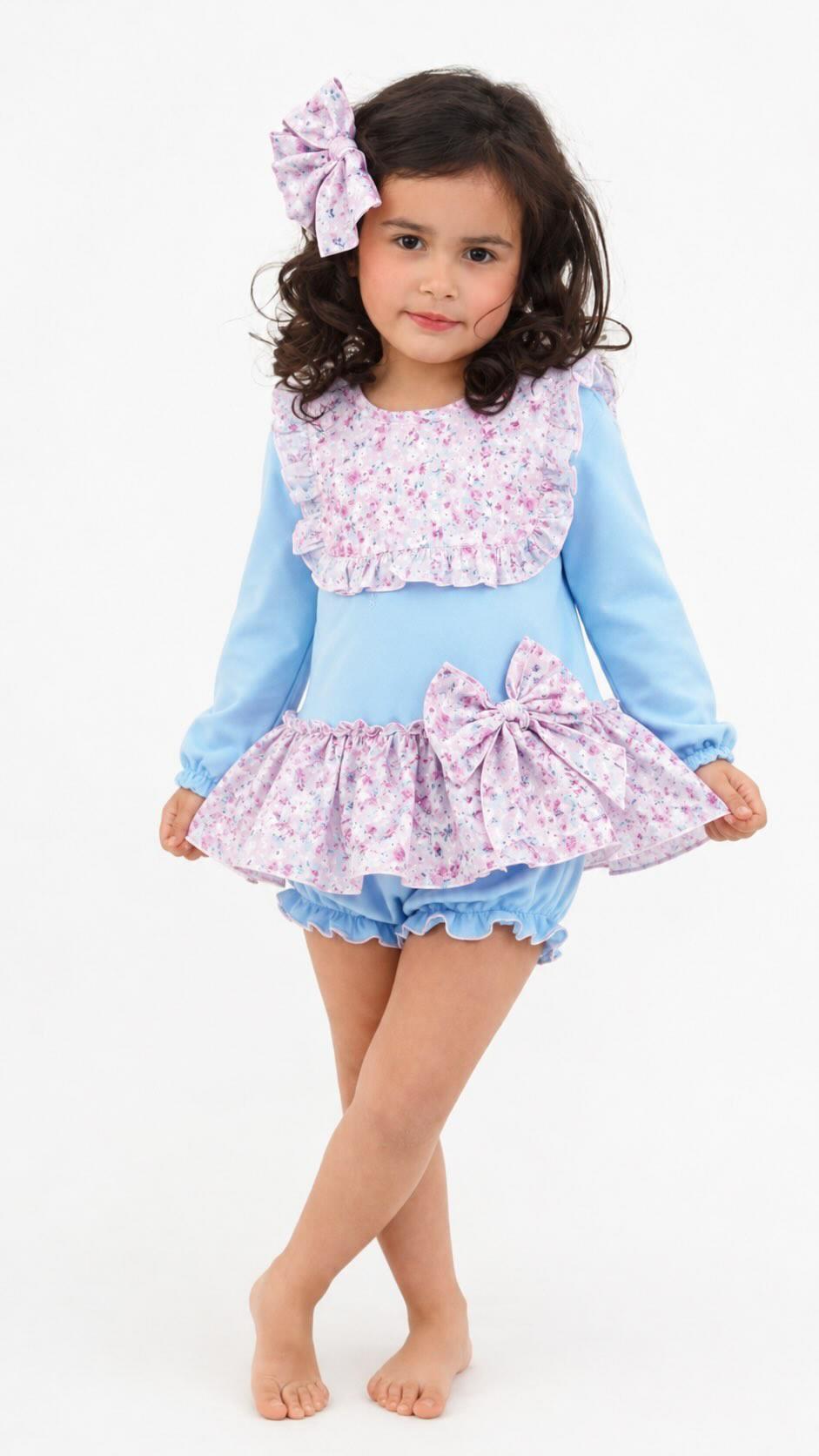 Ela Handmade Blue & Floral Dress, Knickers & Bow Set AW26 - (Made to order)