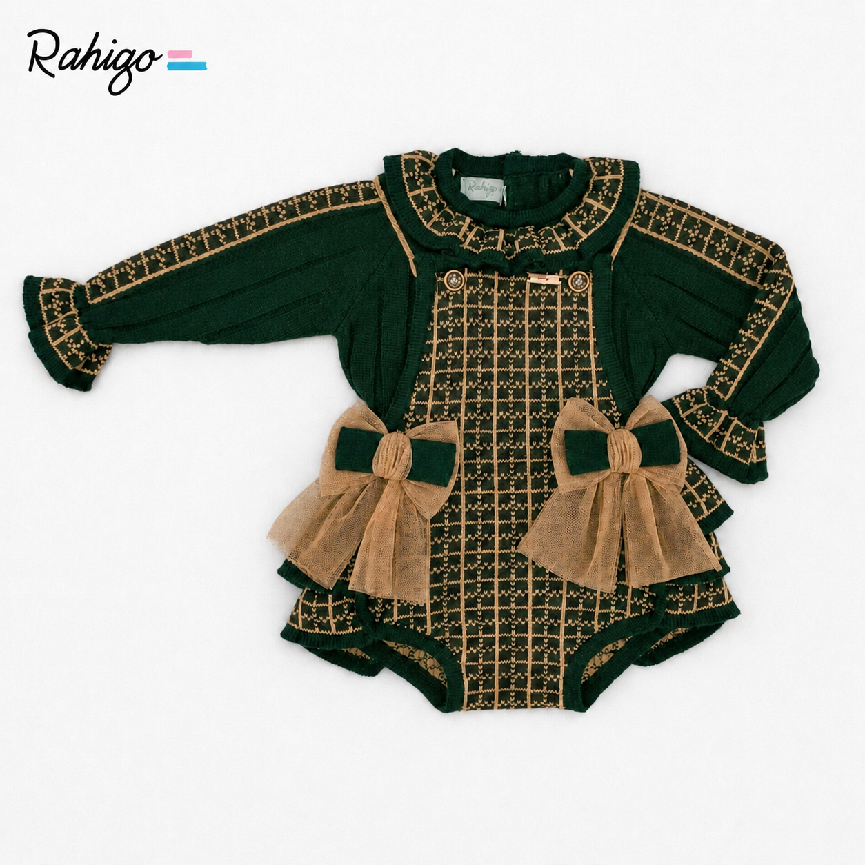 Rahigo Baby Girls Bottle Green & Camel Romper & Jumper Set - AW26 In Stock