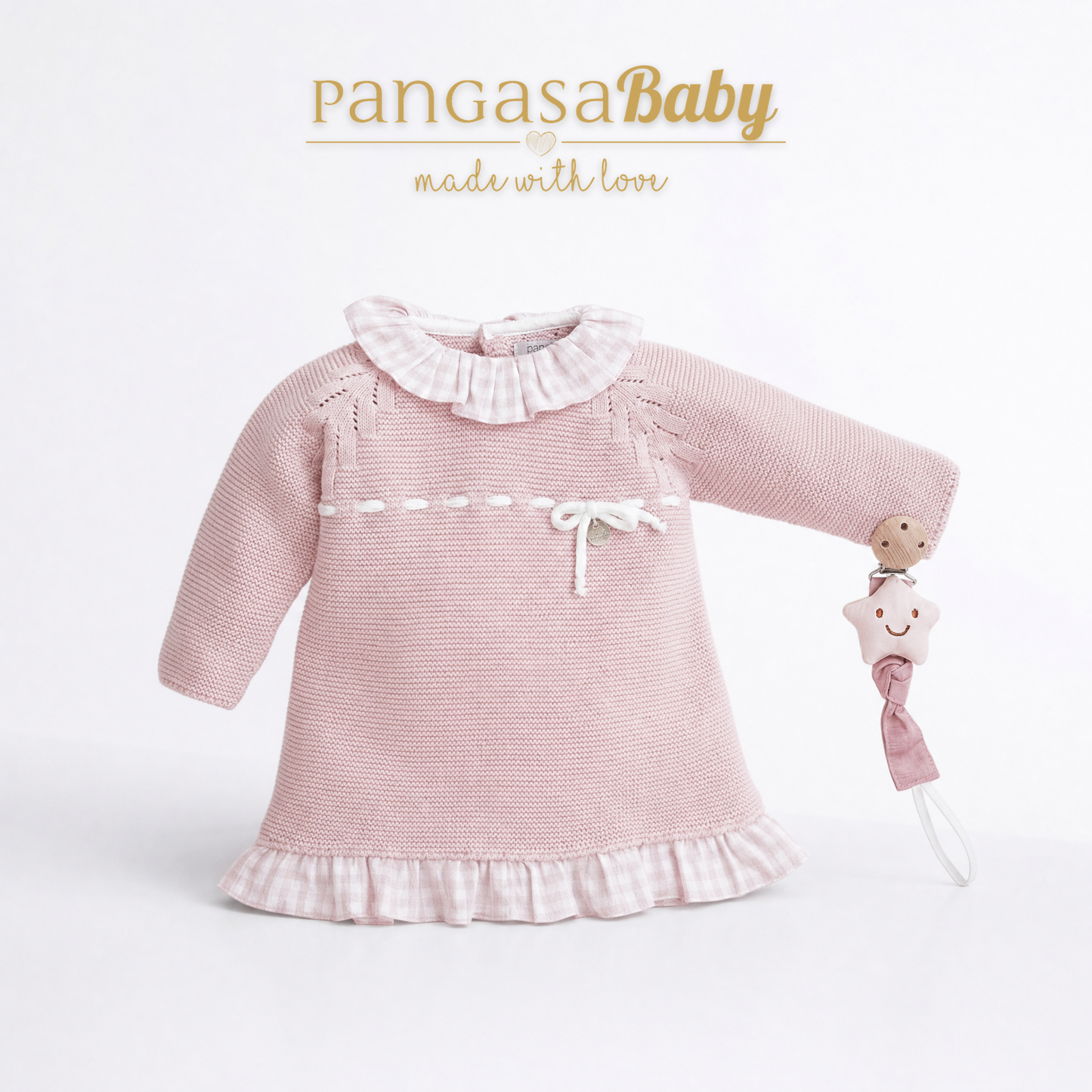 Pangasa Baby Soft Pink Knitted Checked Hem Dress ~ AW26 Preorder