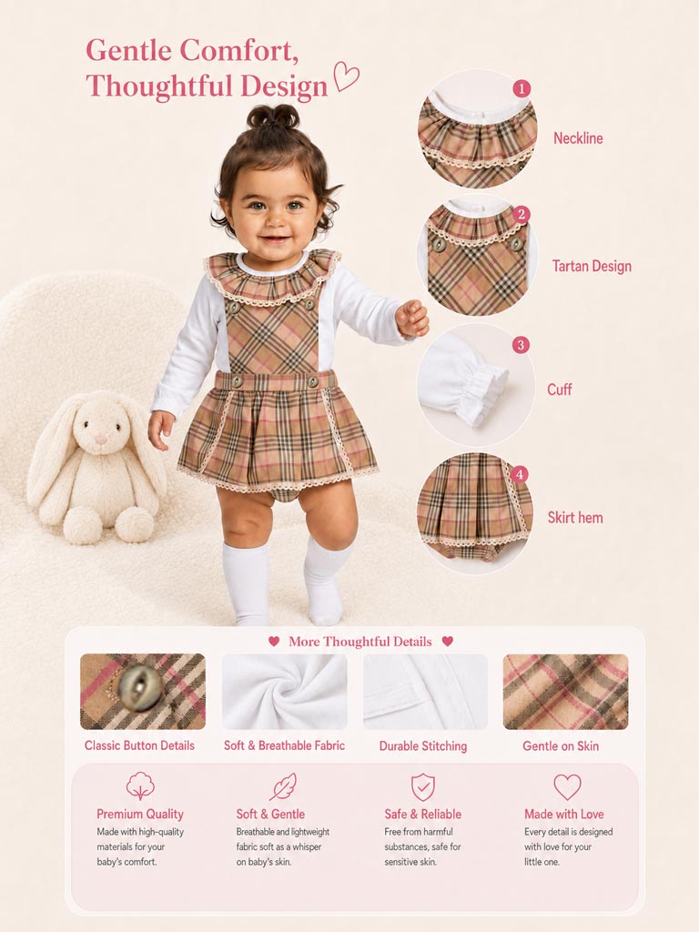 Babygirls Beige 2 Piece Tartan Romper