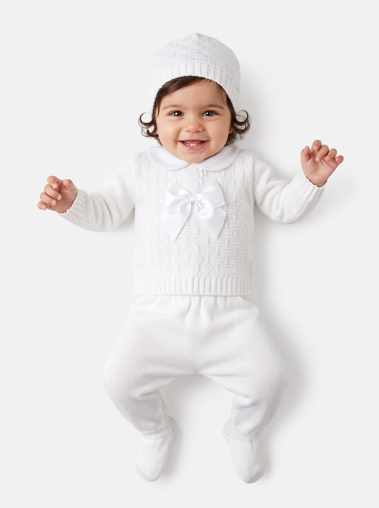 Baby Girls White Bow 3 piece Knitted Set