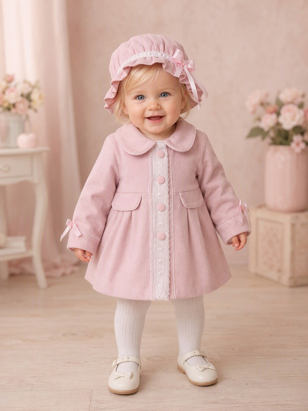 Baby Girls Pink Soft Cord Coat with Matching Hat
